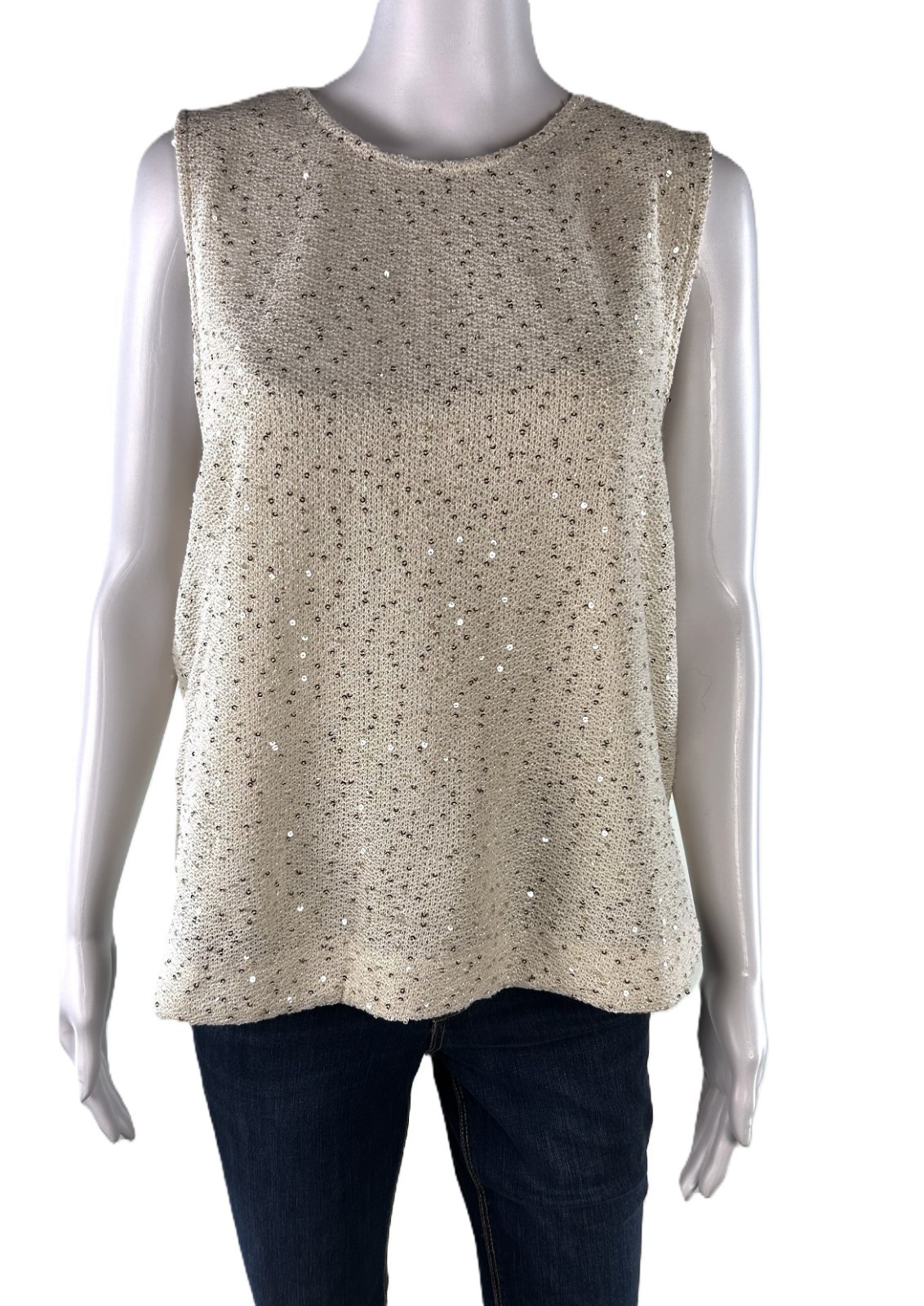 Vince Camuto Womens Medium Sequin Sleeveless Knit Top Fresh Tropics Almond NWT