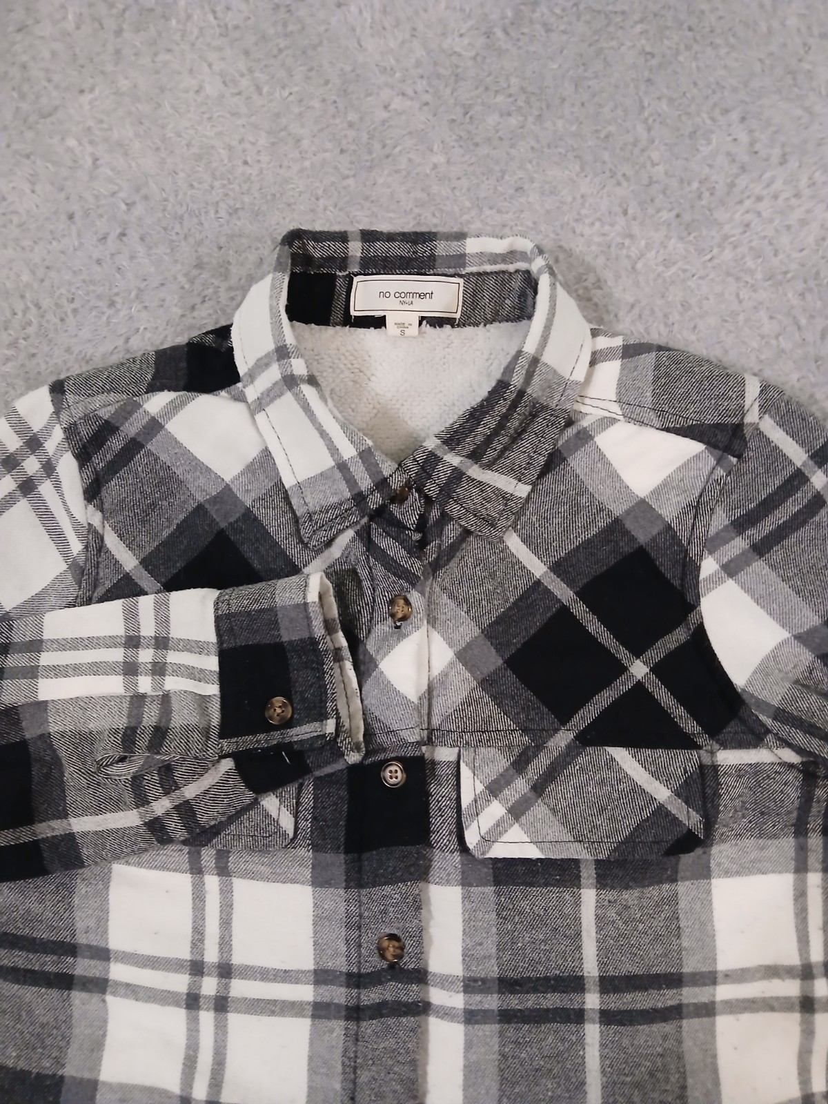 No Comment Women’s Small Flannel Shirt Sherpa Lined Black White Plaid Warm NY-LA