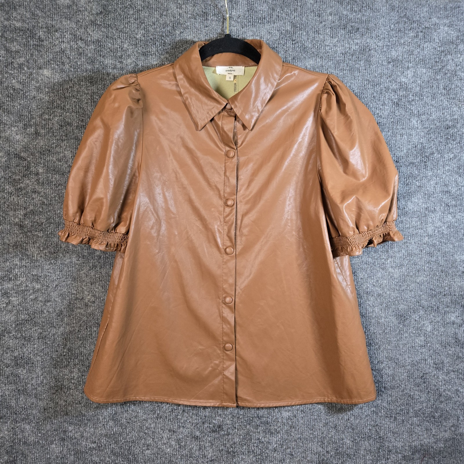 Entro Top Womens S Light Brown Faux Leather Snap Up Puff Sleeve Steampunk Indie