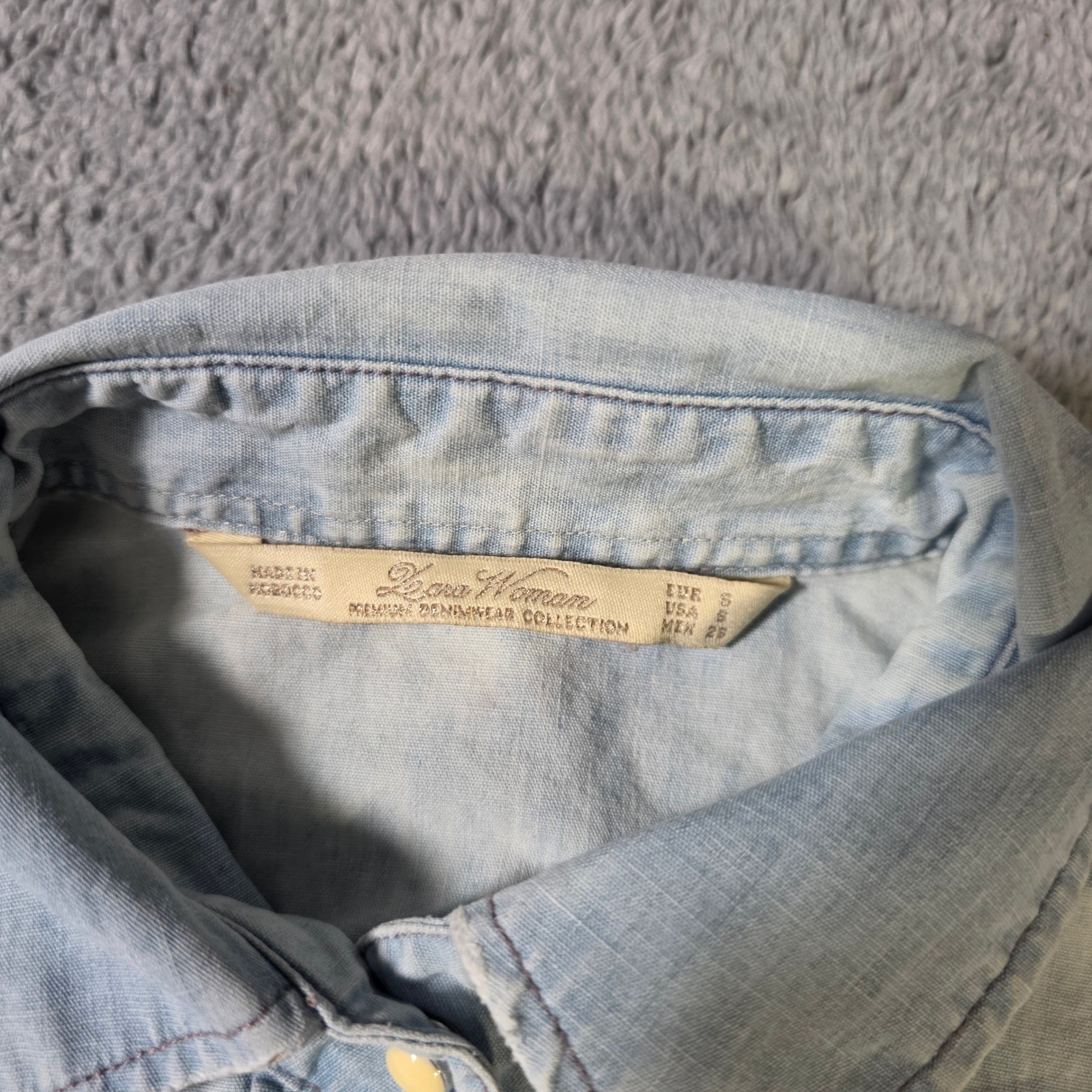 Zara Womens S Denim Shirt Light Wash Blue Western Snap Button Roll Tab 1532