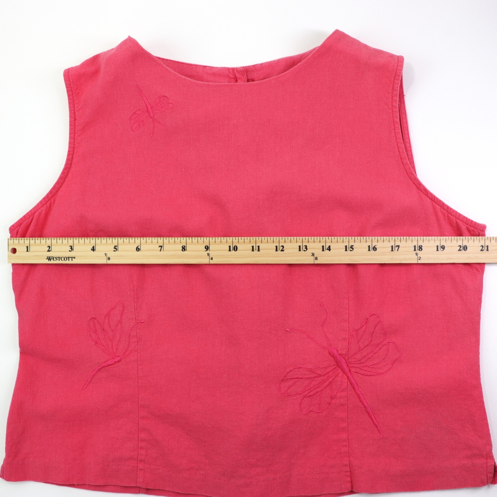 Basic Editions Pink Sleeveless Back Button Top Size 18 Embroidered Dragonfly
