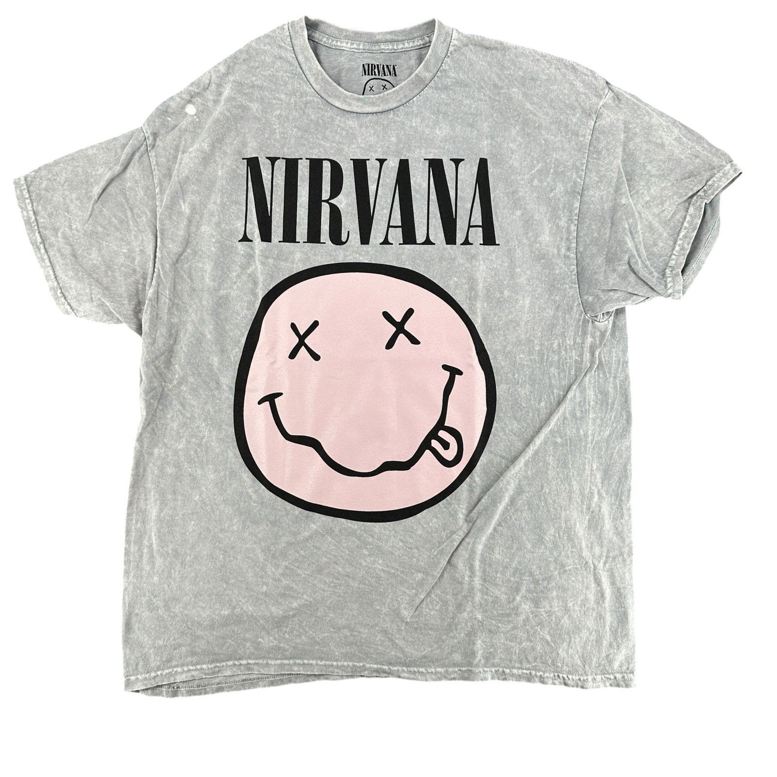 Nirvana Grunge 90s Rock Band Women’s T-Shirt Gray Pink Smiley Face 1X Retro