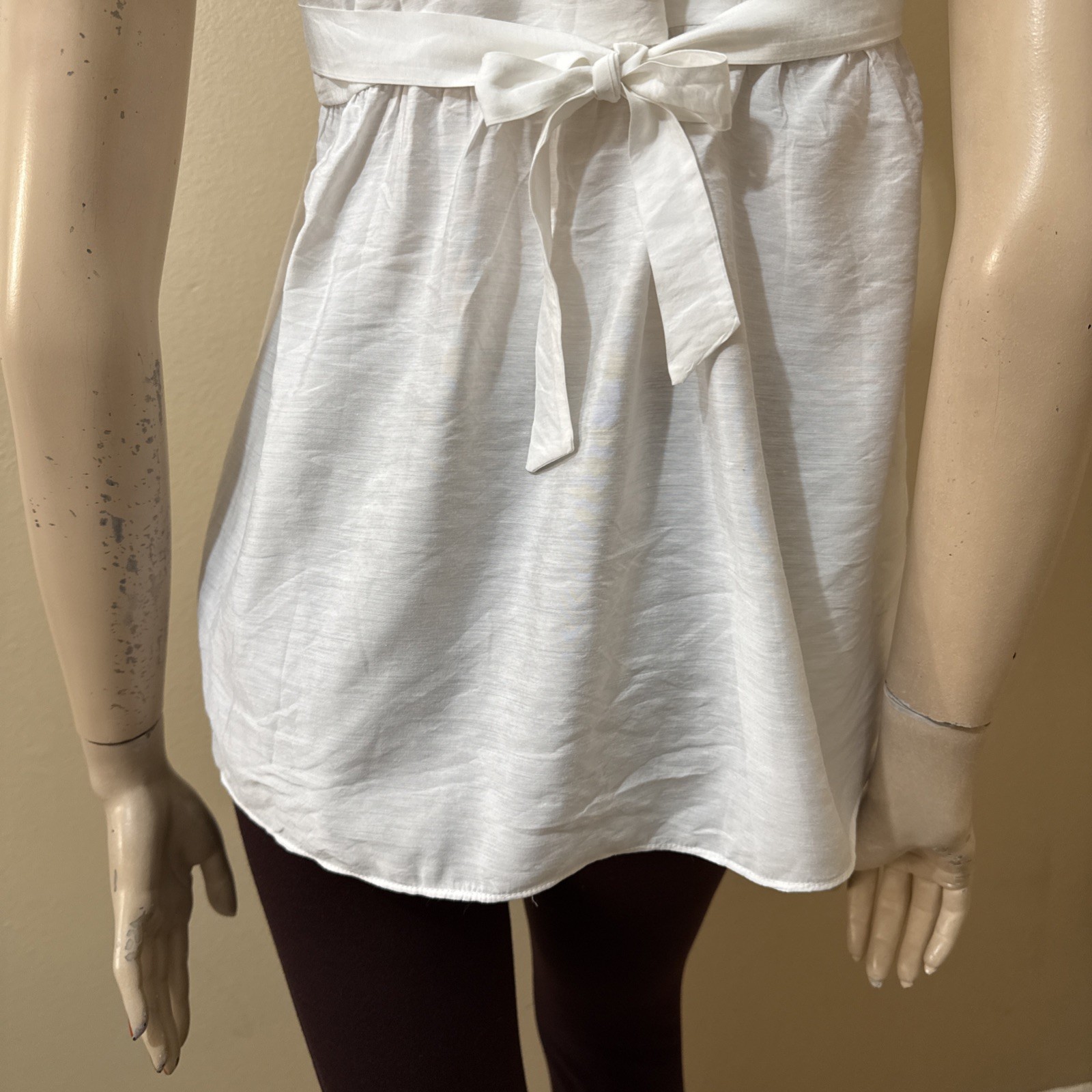 Women’s White Rayon Casual Summer Open Sheer Button Tied Size M Blouse Top Tunic