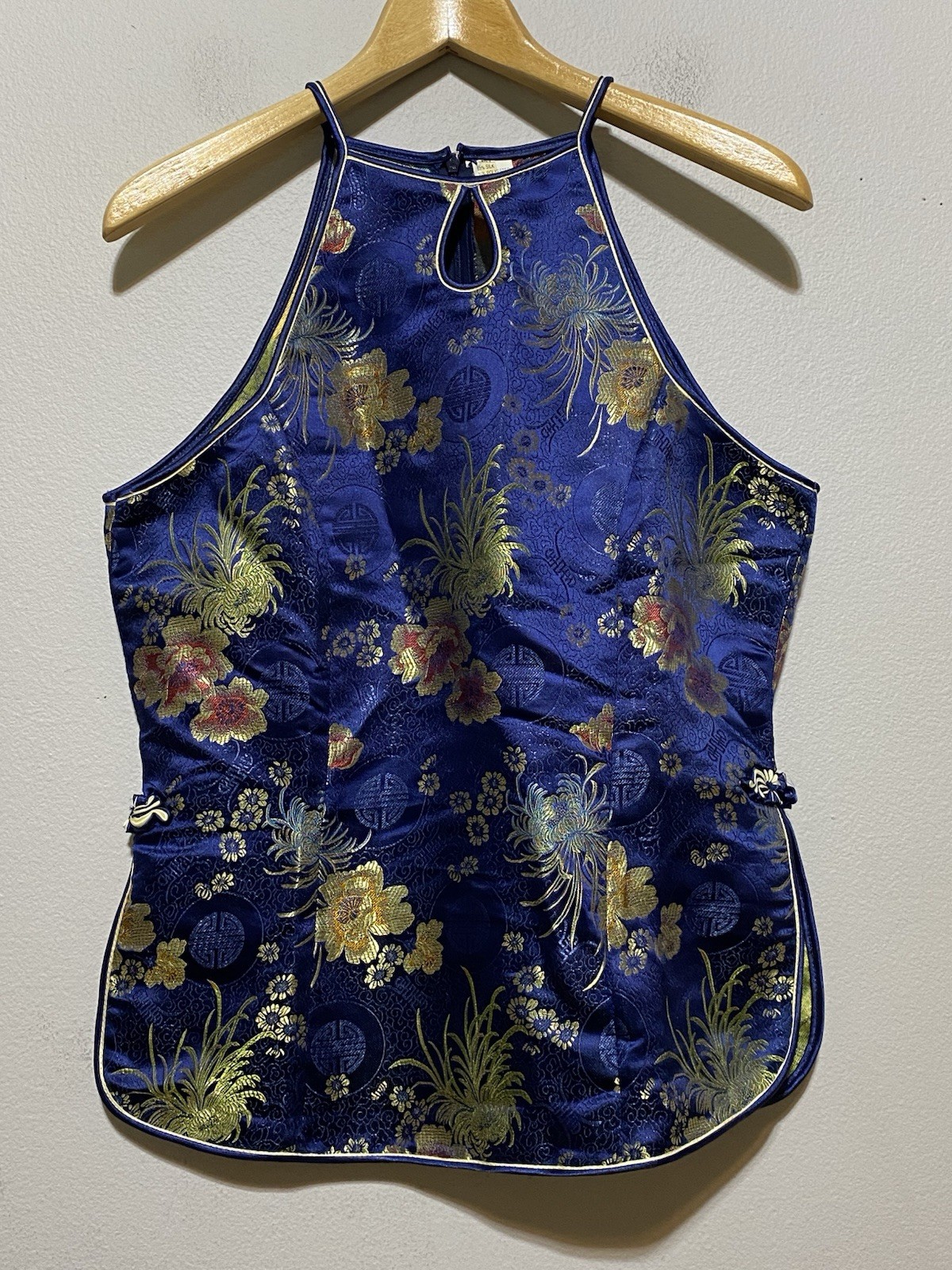 Y2K Cheongsam Floral Halter Top L/XL Silk Blend Traditional Flirty