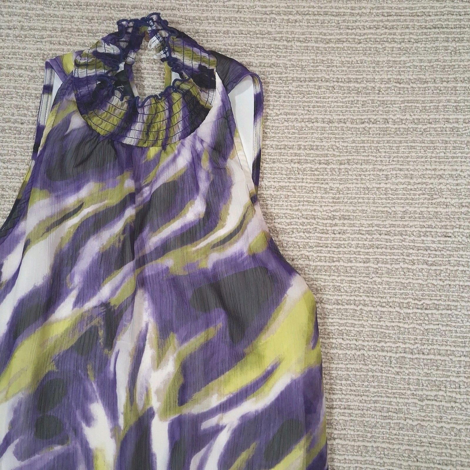 b wear byer california purple green abstract high neck smocked blouse medium y2k