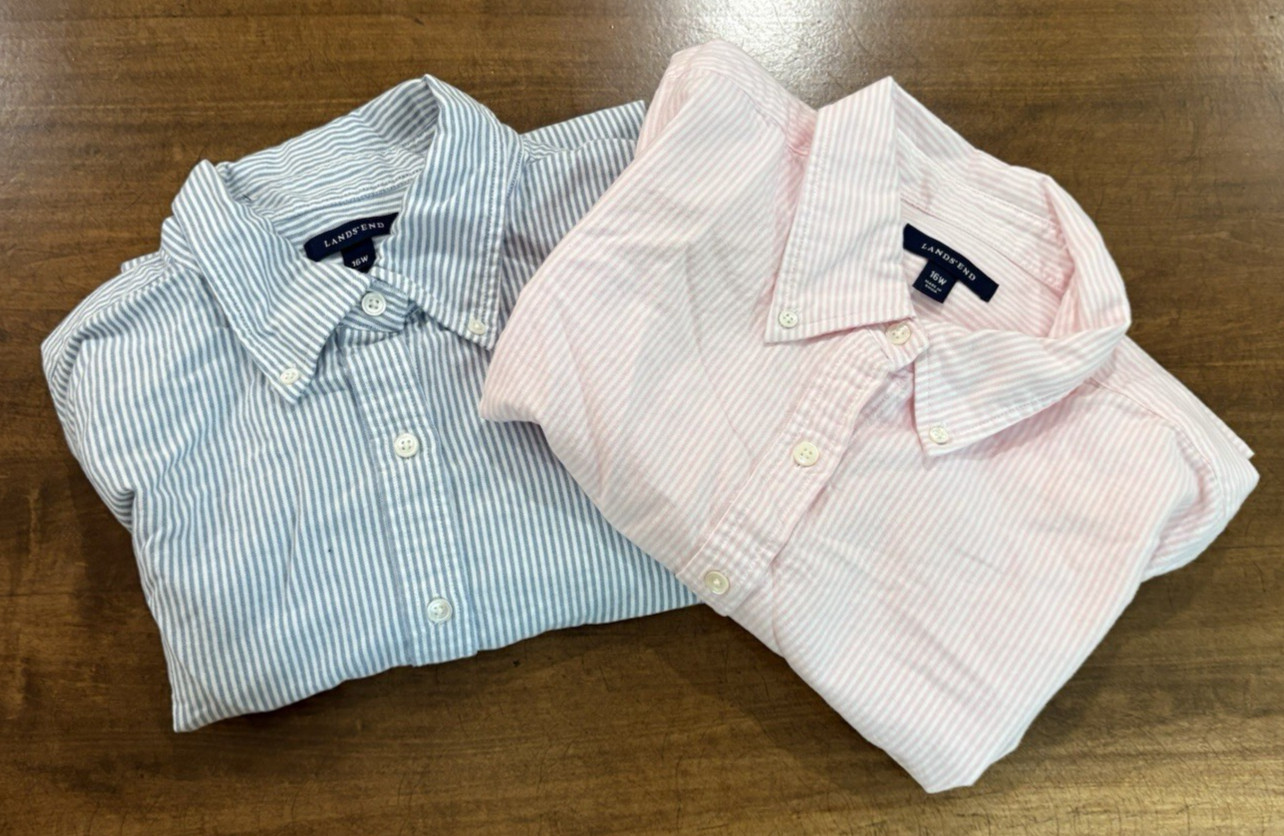 Lot of 2 Lands’ End Short Sleeve Button Down Shirts Sz 16W Pink/Blue Stripe