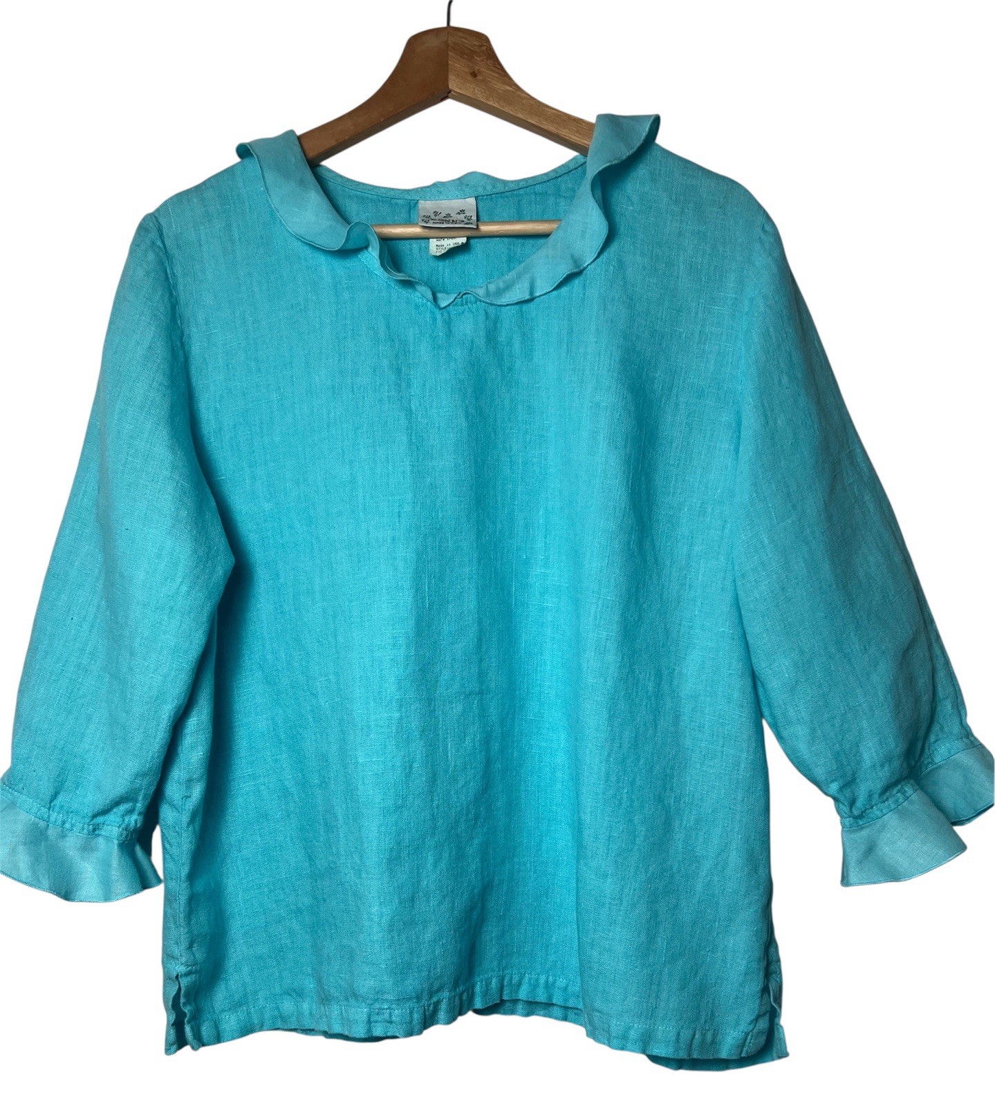 DONNA Top M Turquoise 100% Linen 3/4 Sleeve Ruffle Crop Vintage 90’s