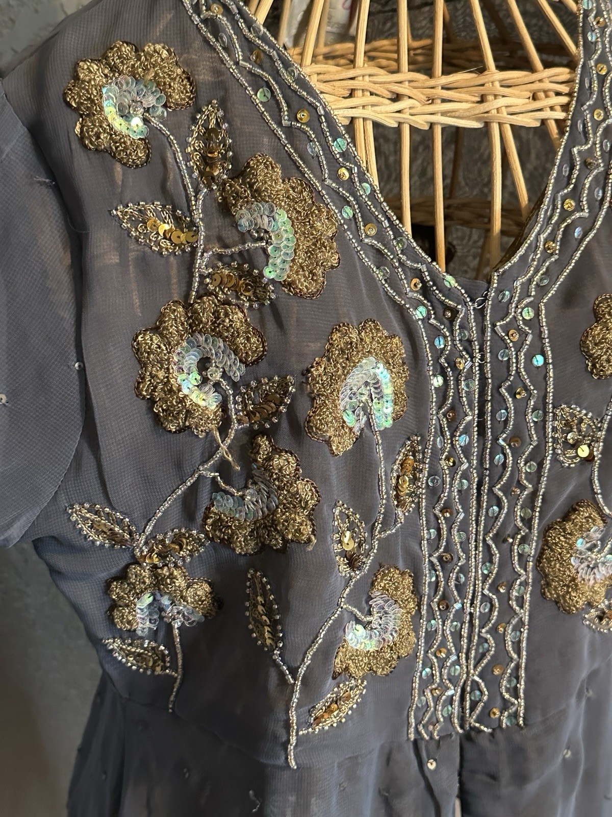 Soft Surroundings Gray Chiffon S Blouse Sequins Dark Fairy Core Whimsigoth