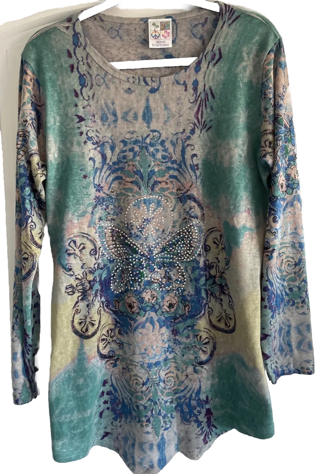 India Boutique Women’s Top One Sz Blues Greens Asymetrical Hem W/ Rhinestones