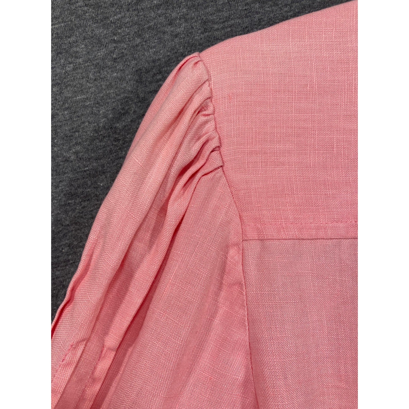 Tracy M Pink 100% Linen Pintuck Button Down Shirt Band Collar Long Sleeve Top