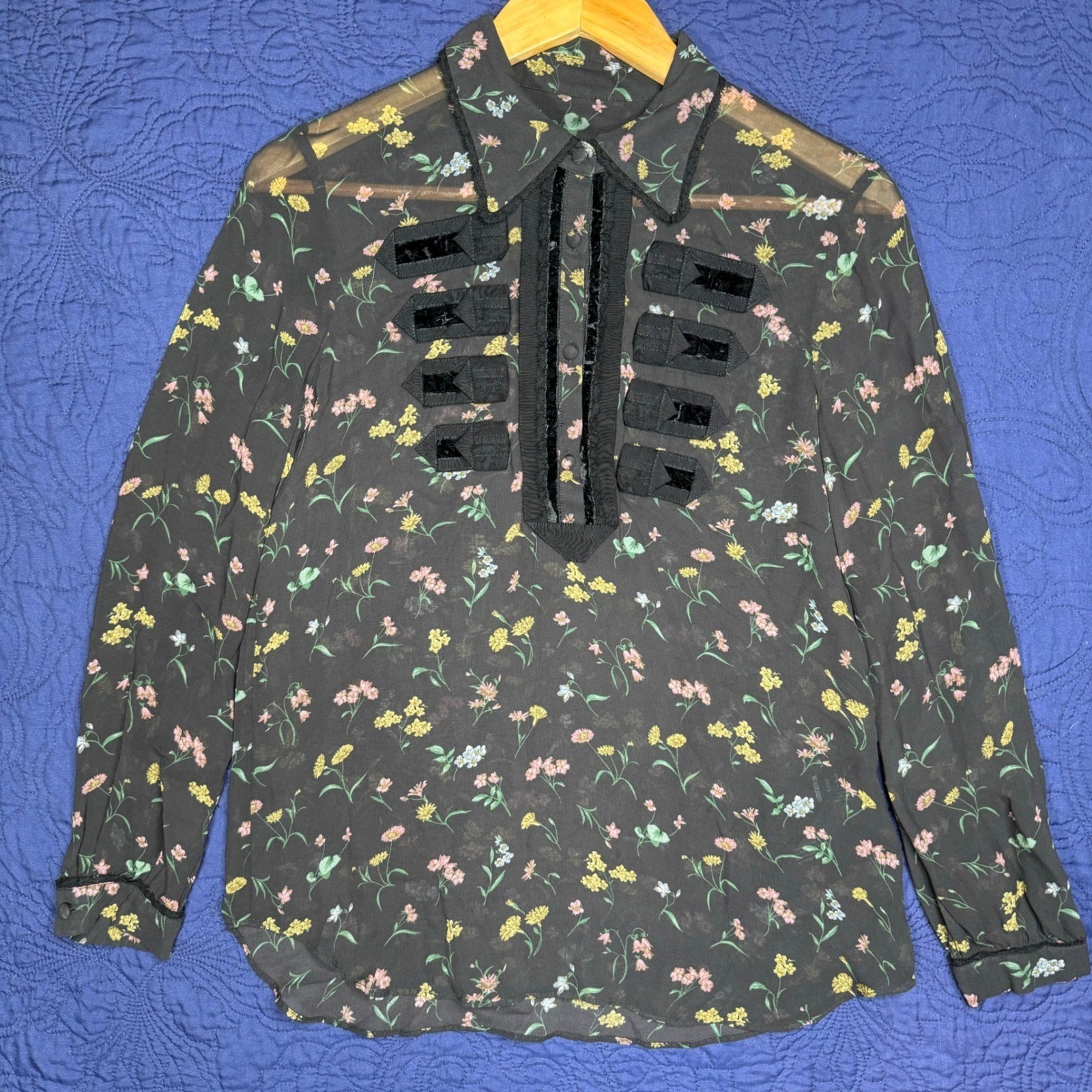 Coach 1941 Womens Black Floral Sheer Military Bib Blouse Velvet Trim Size 0
