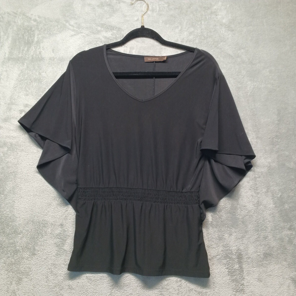 THE LIMITED Women Blouse Knit Smocked Black V-neck Flutter Sleeve XS(0-2)