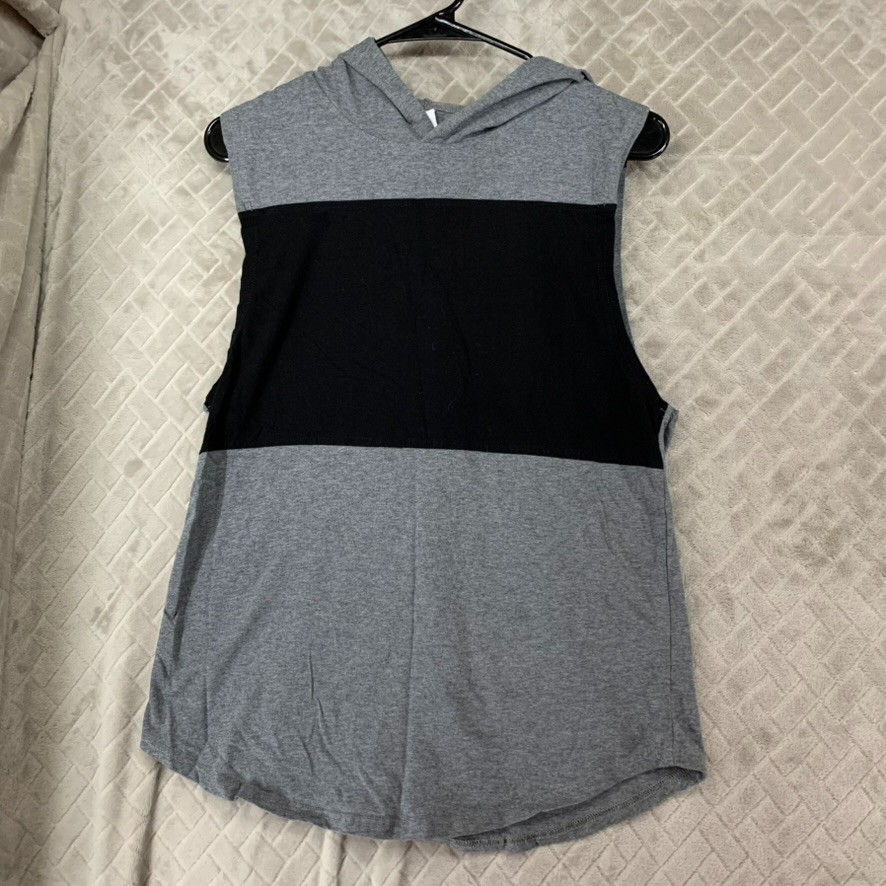 Shirt Womens Small Hooded Gray Color Block Sleeveless Muscle Tee Athletic Gym