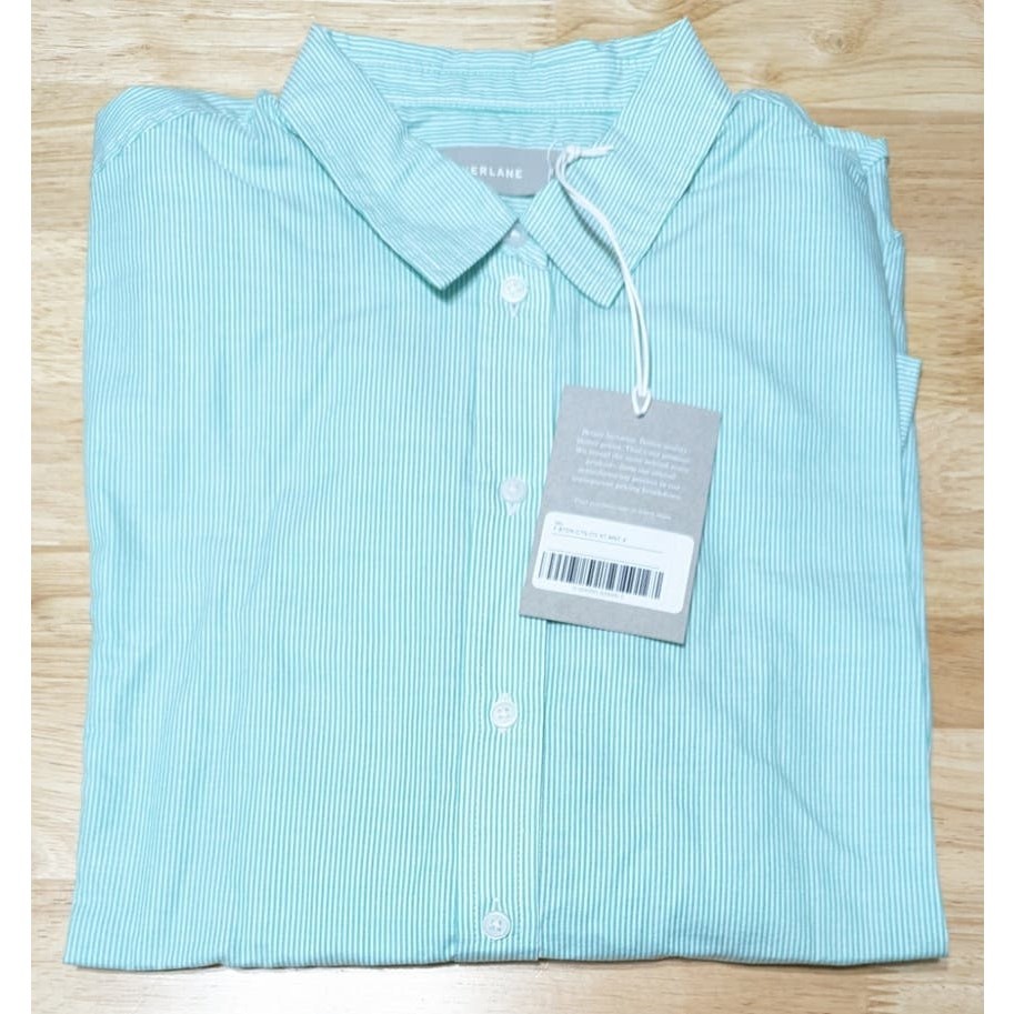 Everlane Shirt Size 4 Button-Down Collared Long Sleeve 100% Cotton Green Stripe