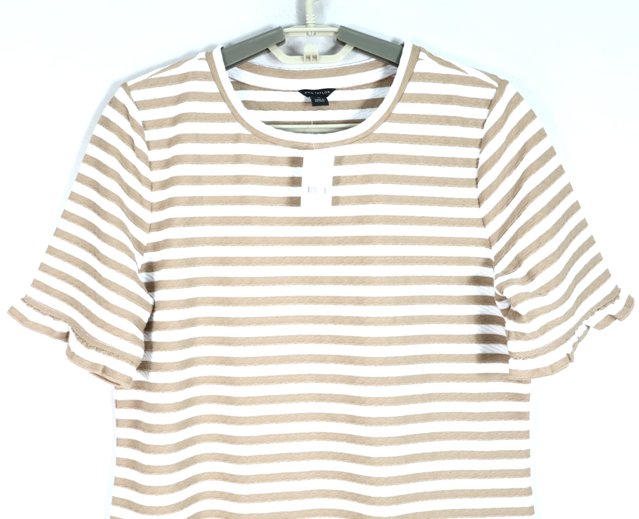 NWT ANN TAYLOR Women’s Stretch Polyester T-Shirt Ruffle Striped Brown Ivory M