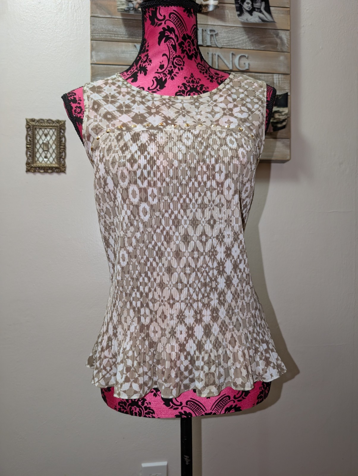 White And Taupe Sleeveless Crinkle Pleat Blouse With Rhinestones And Ruffles