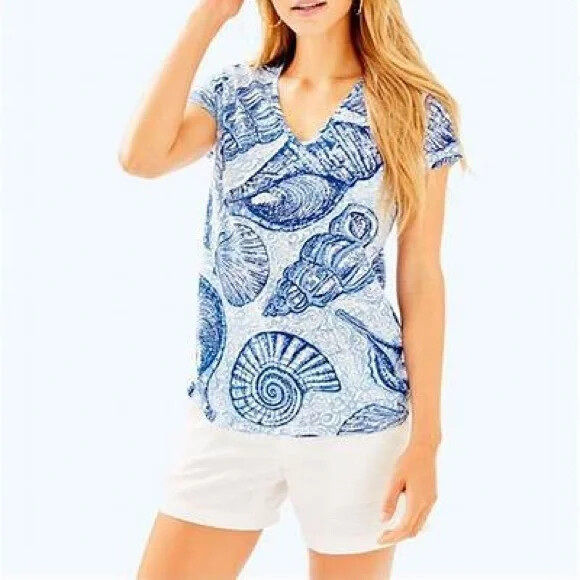 New Lilly Pulitzer Etta Top Blue Peri Pop Up Stuffed Shells White V Neck S M L