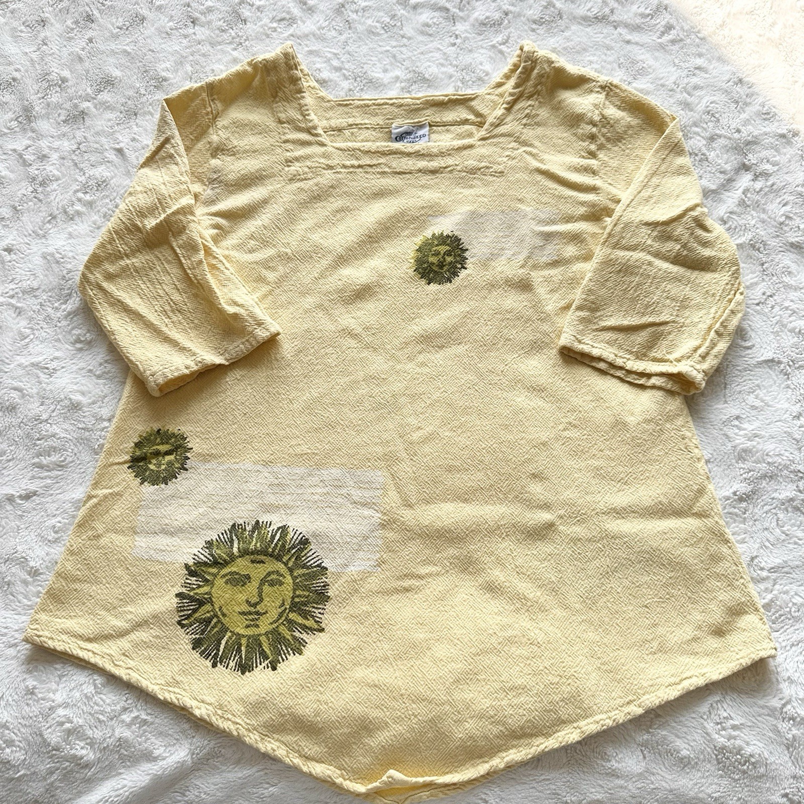 Vintage Celestial Sun Shirt Tee Womens Medium Yellow Cottonseed Star Boho USA