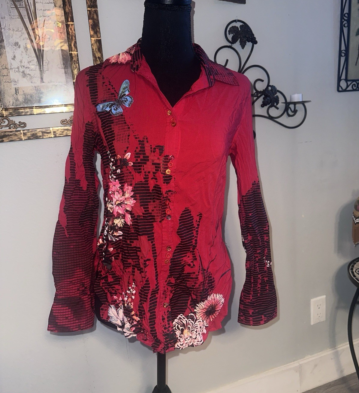 Desigual red/black floral butterfly long sleeve button down collar shirt, Size S