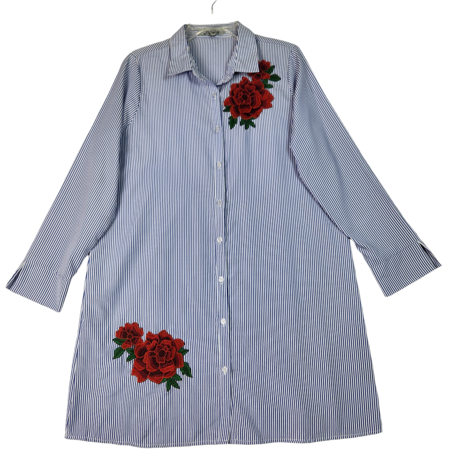 J For Justify Womens Button Up Tunic Top Size XL Blue Stripe Rose Embroidered