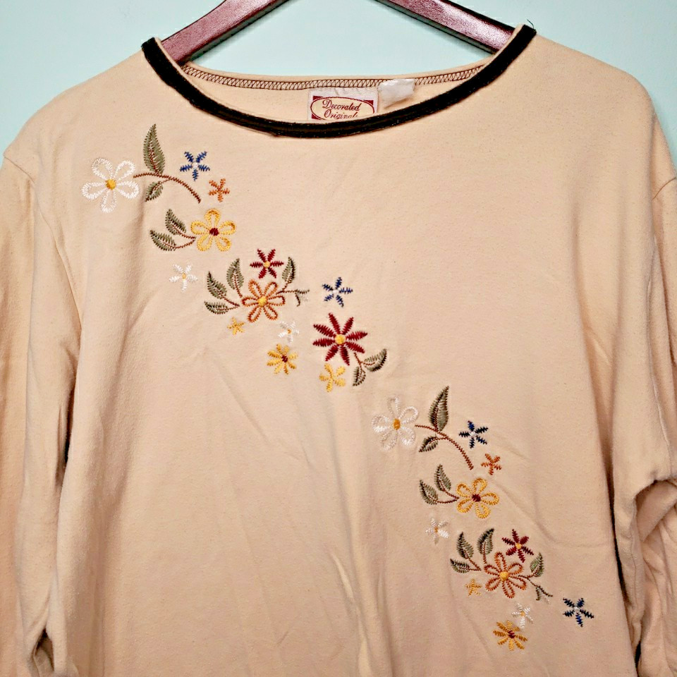 Decorated Originals Womens 3/4 Sleeve Embroidered Fall Floral Top Sz XL Retro
