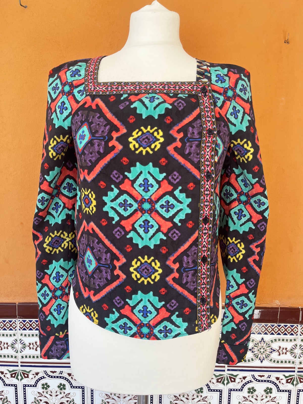 Rachel Roy Boho Ethnic Print Multicolored Blouse Shirt 90s Deadstock XS