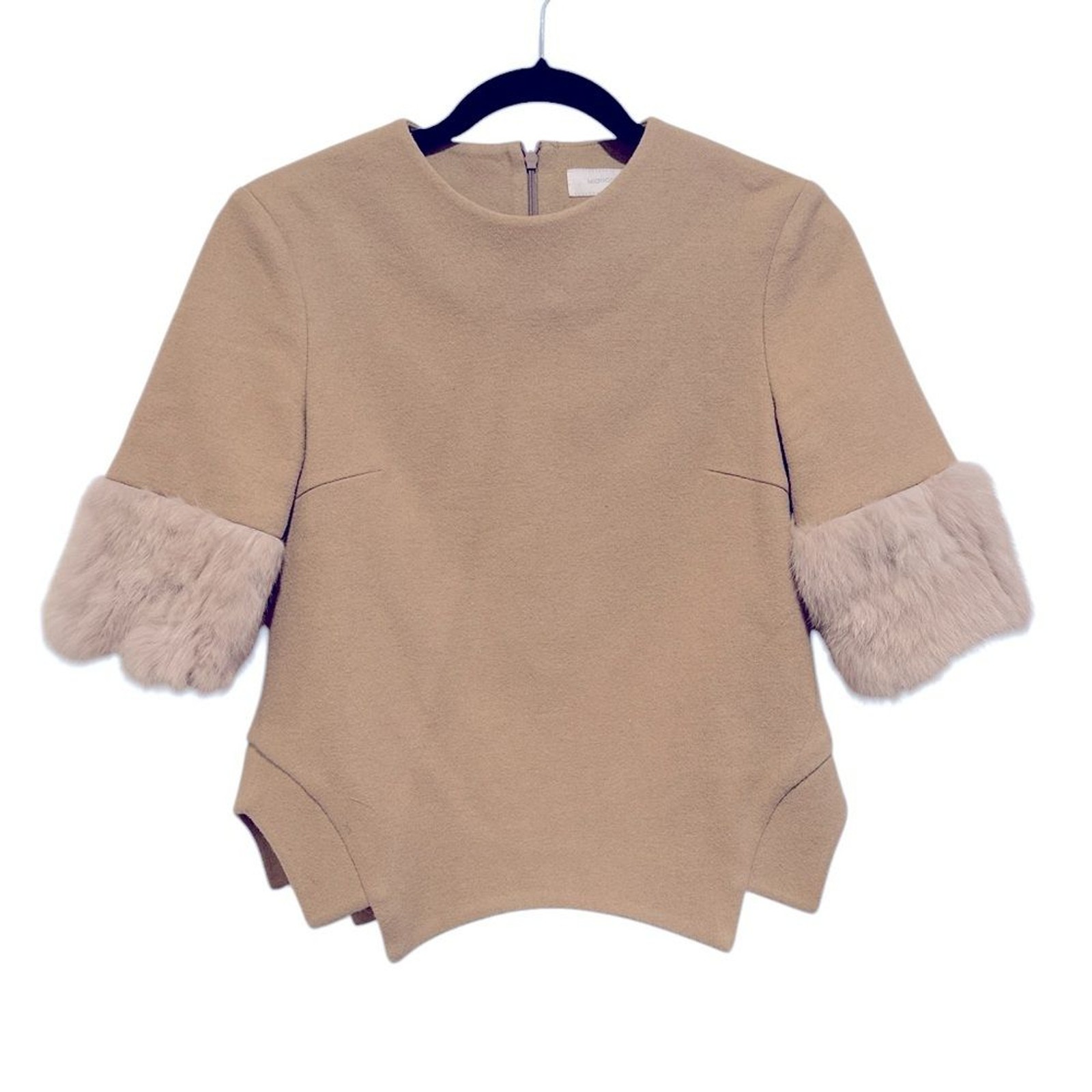MIGNON DOO DESIGNER WOOL CROPPED RABBIT FUR CAMEL TAN CUFF TOP XS