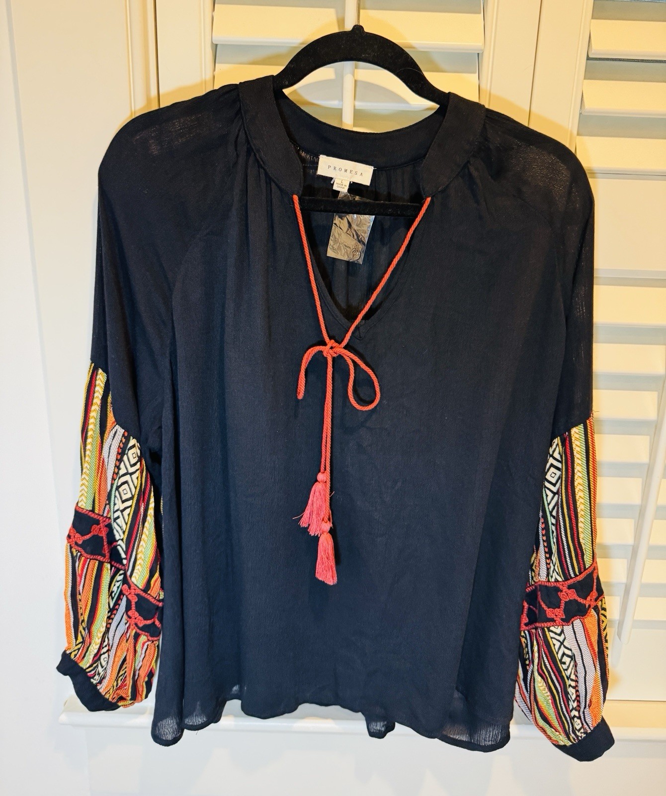 Promesa Boho Top Peasant Black Blouse Long Sleeve Women NEW