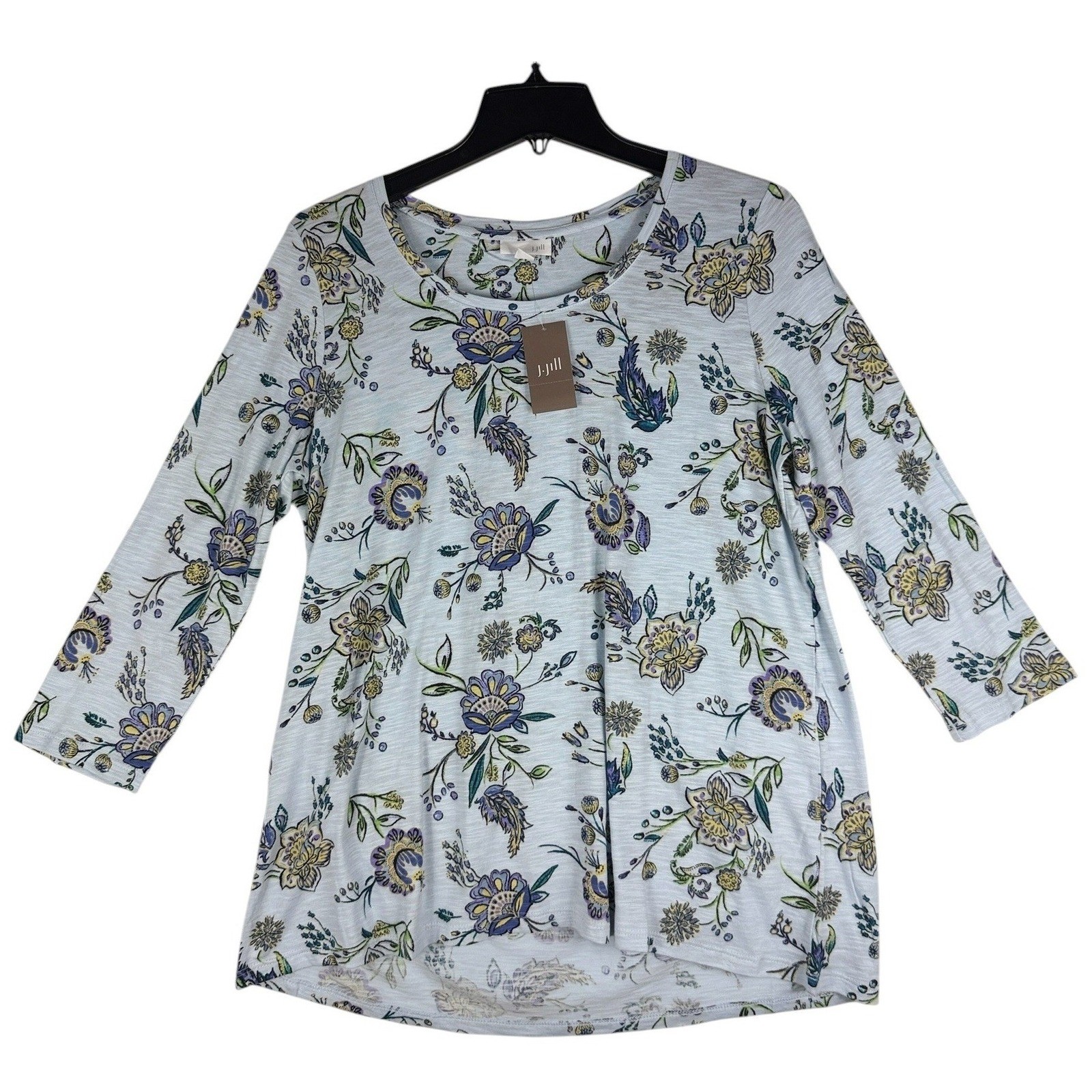 J. Jill Womens Floral 3/4 Sleeve Slub Knit Top Blue Medium 080231 NWT