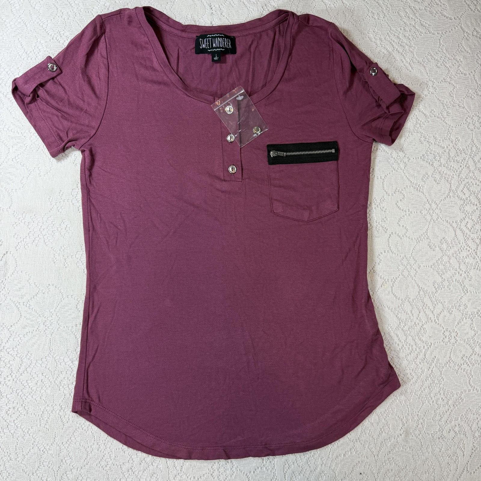 Sweet Wanderer Shirt Womens Small Purple Henley Zip Pocket Roll Tab Tee Stretch