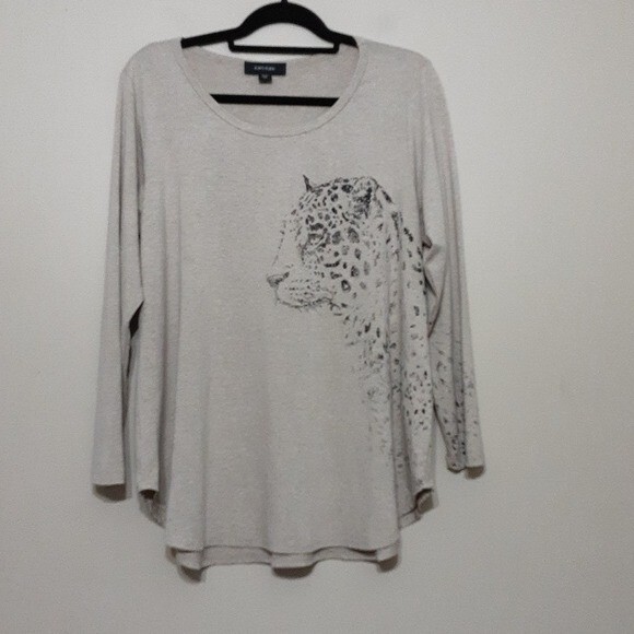 Karen Kane blouse top women 0X lion print pullover jerseyknit beige cottagecore