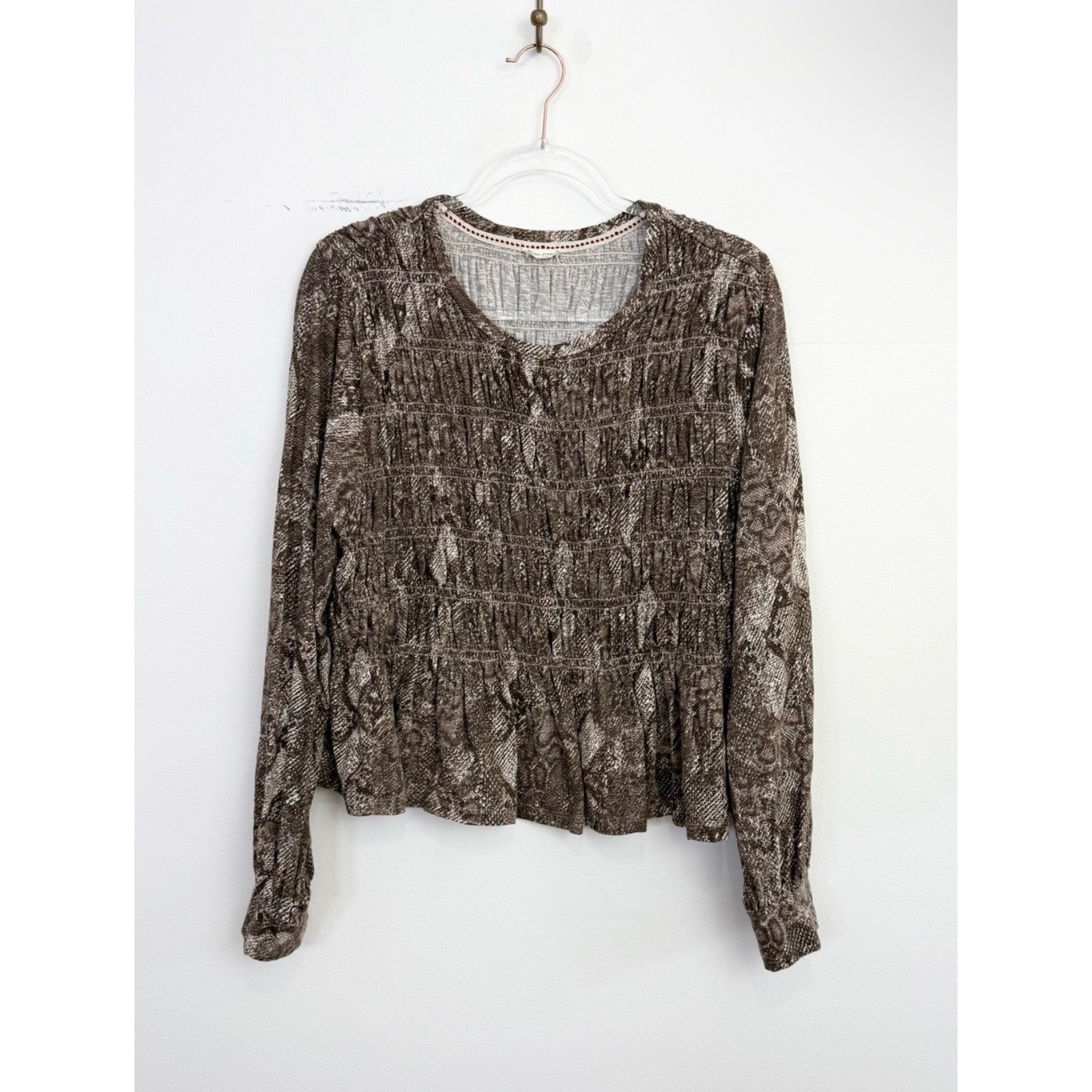 Anthropologie Pilcro Smocked Snake Print Peplum Blouse Long Sleeve Brown Medium