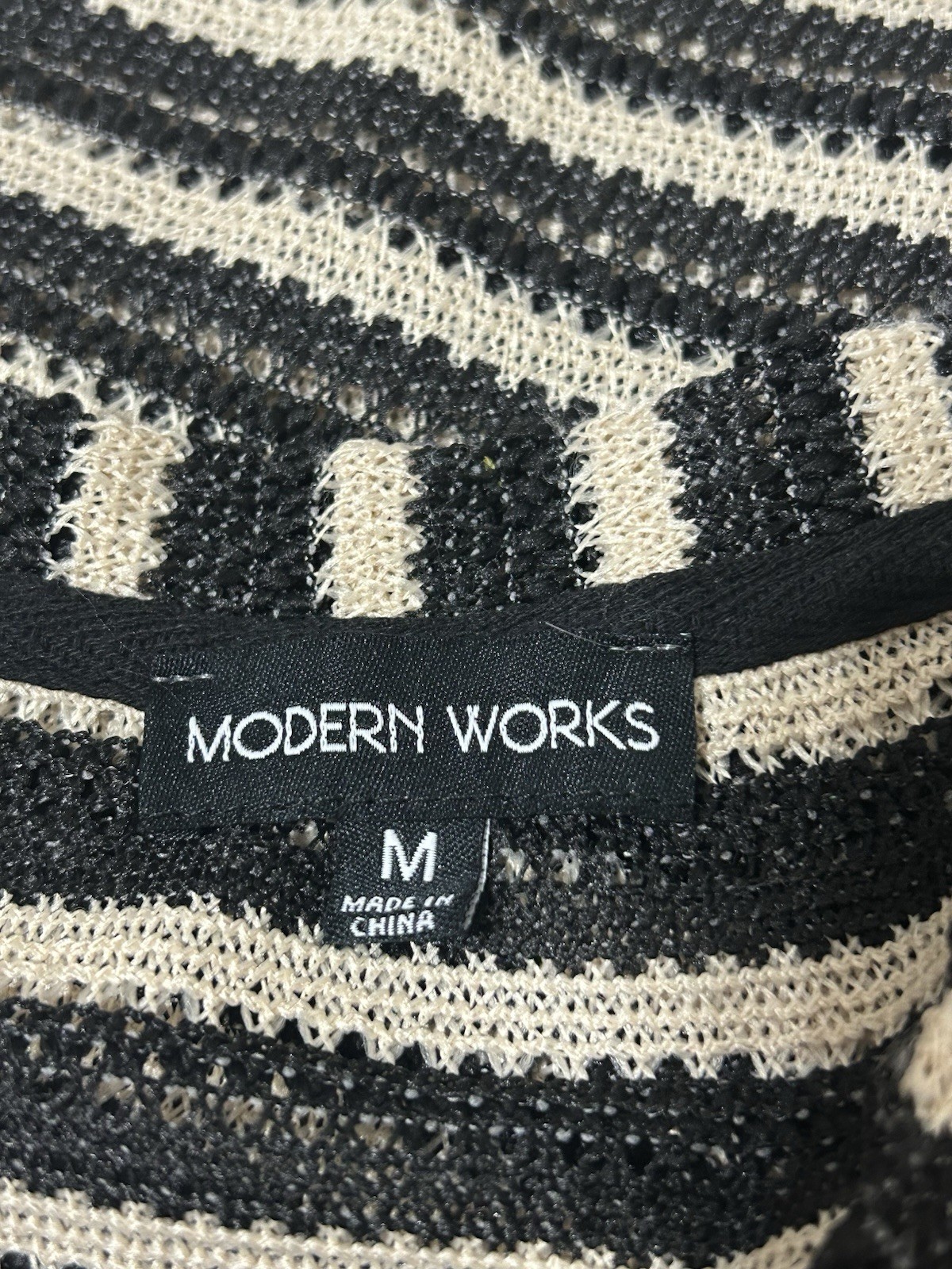 Modern Works Women’s Black & Beige Stripe Pullover Top Open Knit Size M
