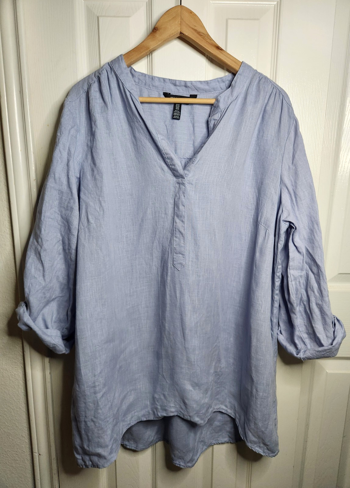 Ellen Tracy Blue 100% Linen Roll Tab Sleeve 1/2 Button Tunic Top Women Size 2X