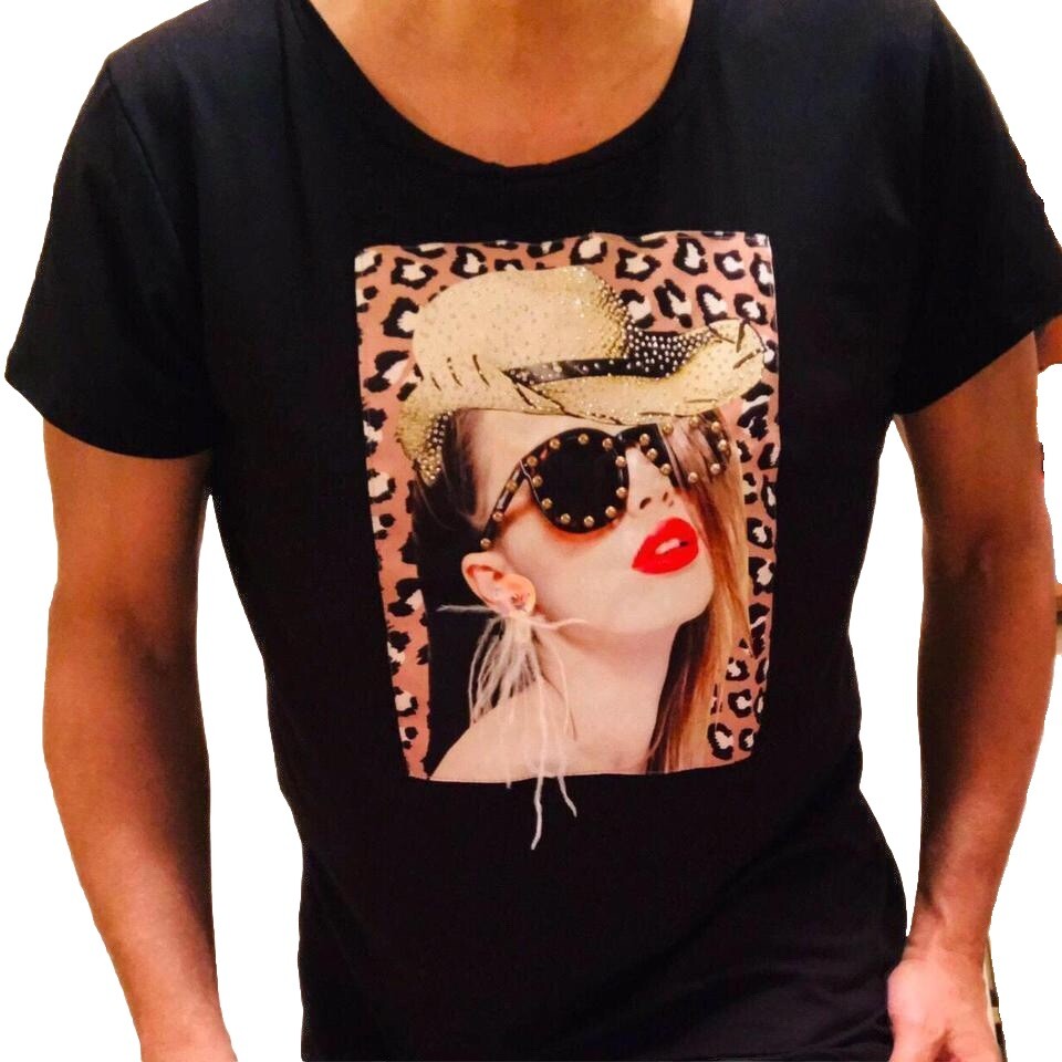 WOMENS BLACK SHIRT GLAM CHIC COW GIRL RODEO GRAPHIC TEXTURE CLUB NIGHT
