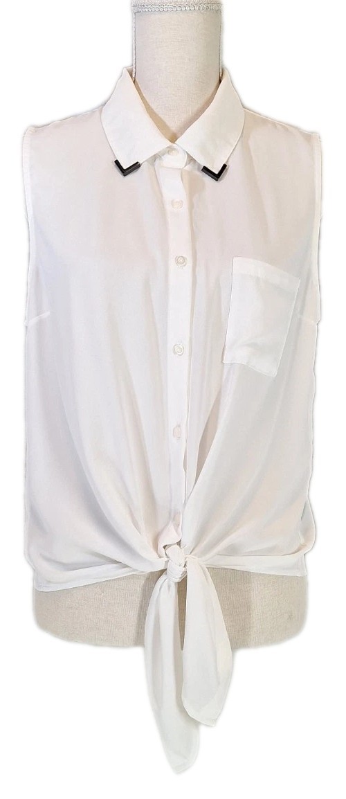 Forever21 SzL Semi-Sheer Collar Point Accent Button Down Blouse Tie Front White
