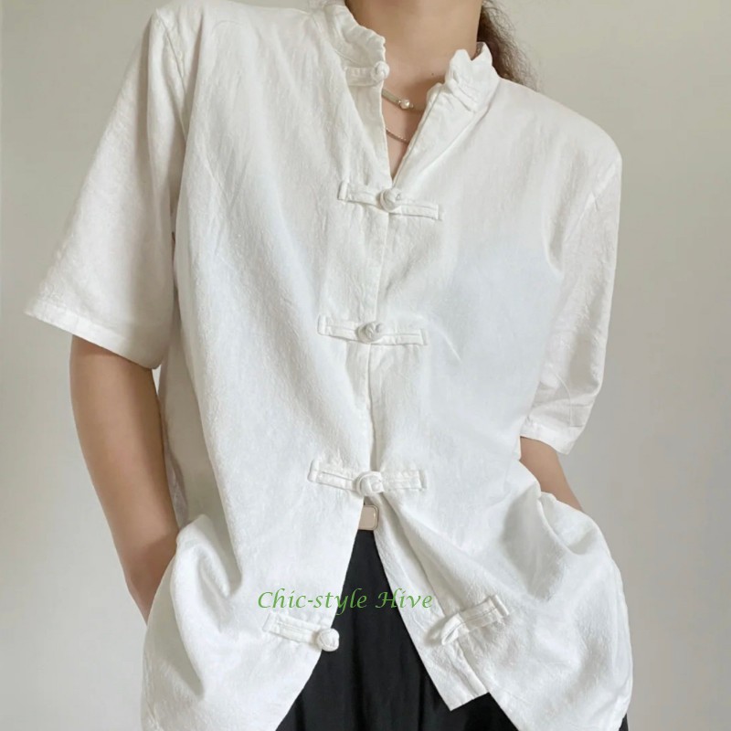 Lady Retro Chinese Frog Button Hanfu Shirt Ethnic Tai Chi Top Short Sleeve Basic