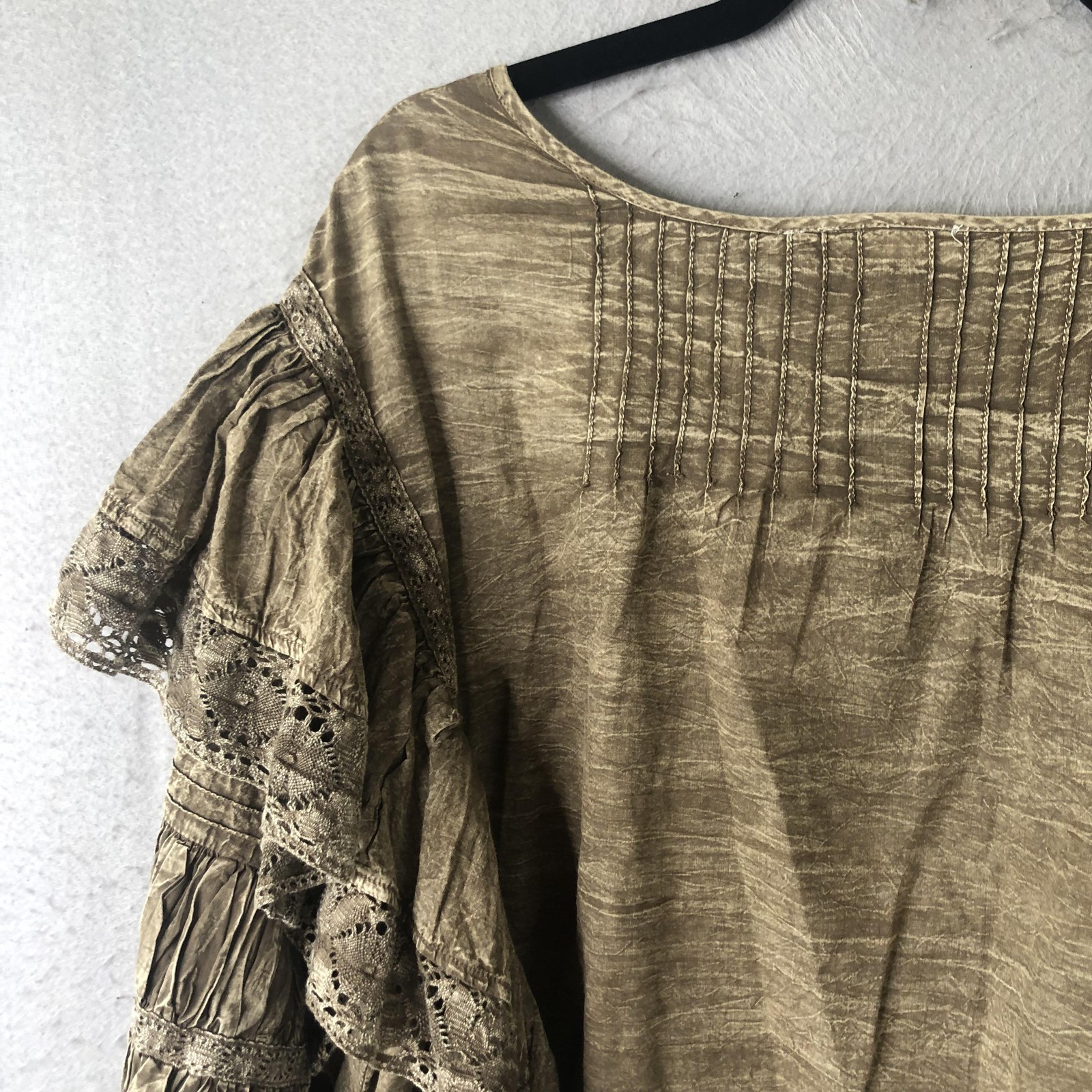 Paper Lace Blouse Womens 1XL Brown Embroidered Boho Festival Grunge Lagenlook