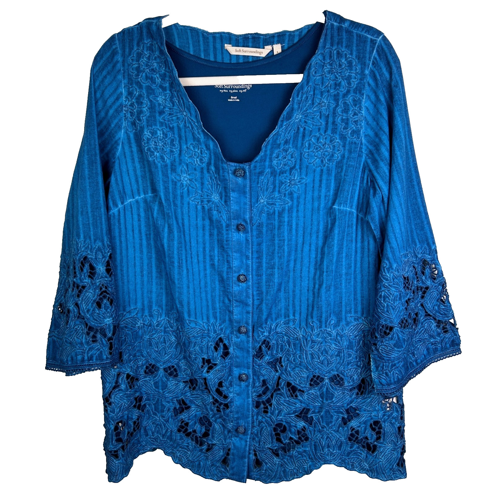 Soft Surroundings Esme Poseidon Blue Embroidered Lace Button Down Top w/ Tank S