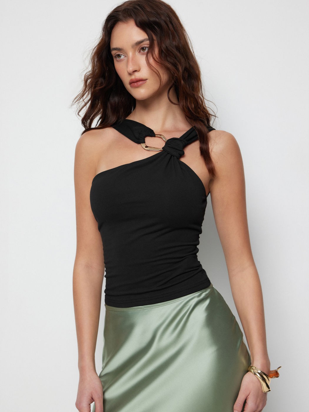 Women Black Halter One Shoulder Top Twist Front Backless Summer Party Blouse