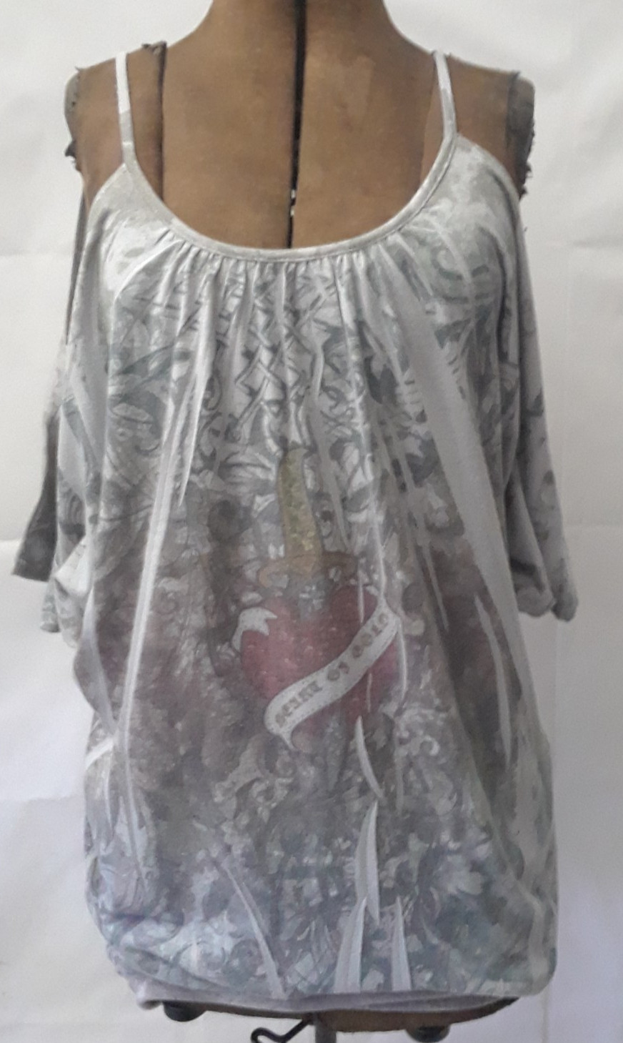 Daniel Benjamin Women’s Small Off the Shoulder Strap Long Gray Graphic