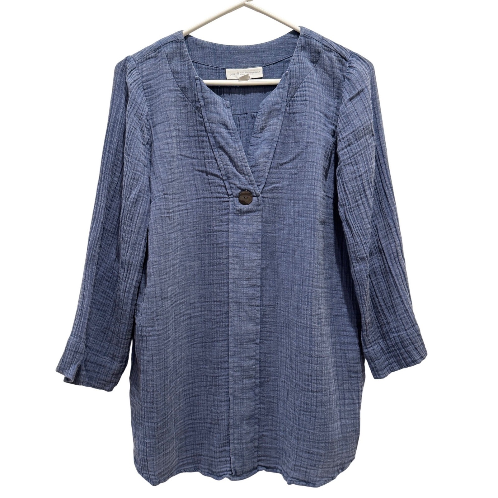 Pure Jill Tunic Top Womens S Blue Organic Cotton Double Gauze V-Neck Casual Boho