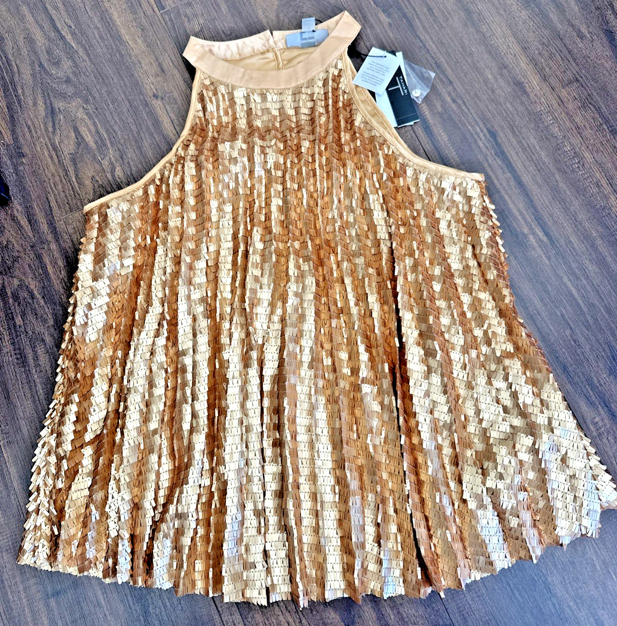 T Tahari Women’s Chunky Sequined Pleated Halter Neck Party Top Blouse Gold 10