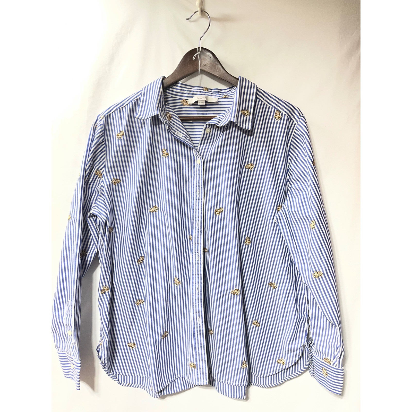 LOFT Womens XL Blue White Striped French Bulldog Embroidered Button Down Shirt