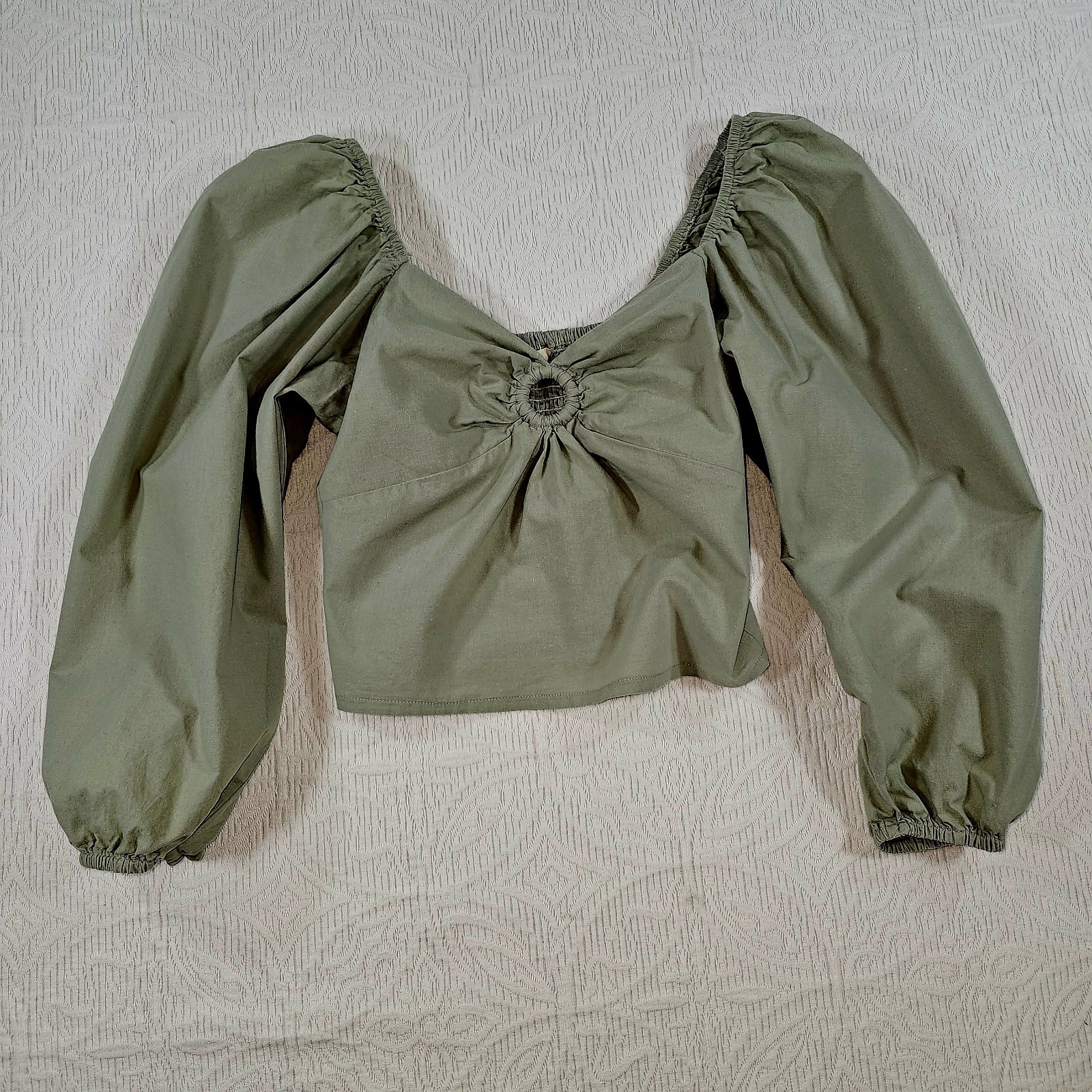 Floral Puff Sleeve Smocked Cropped Top Cottagecore Romantic Peasant Boho Green S