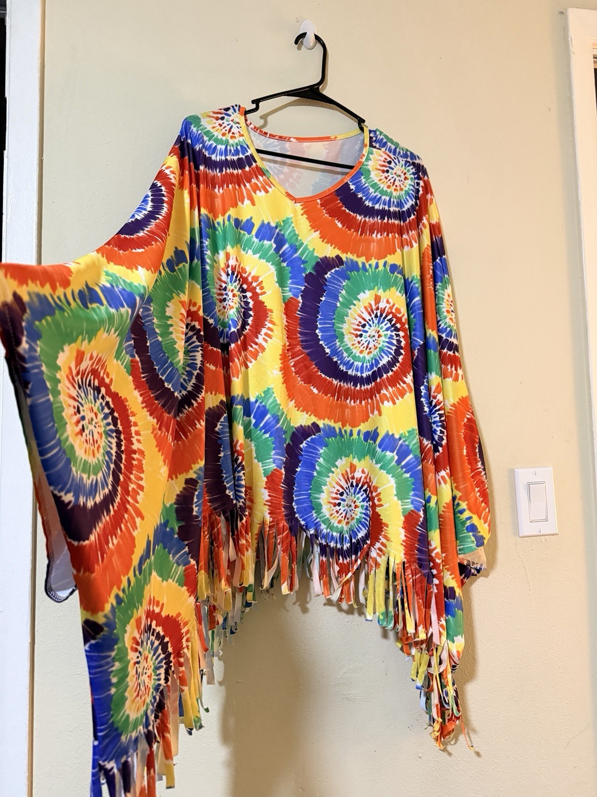 Women’s Multicolor Tie-Dye Fringe Poncho One Size Oversized Kimono Sleeve