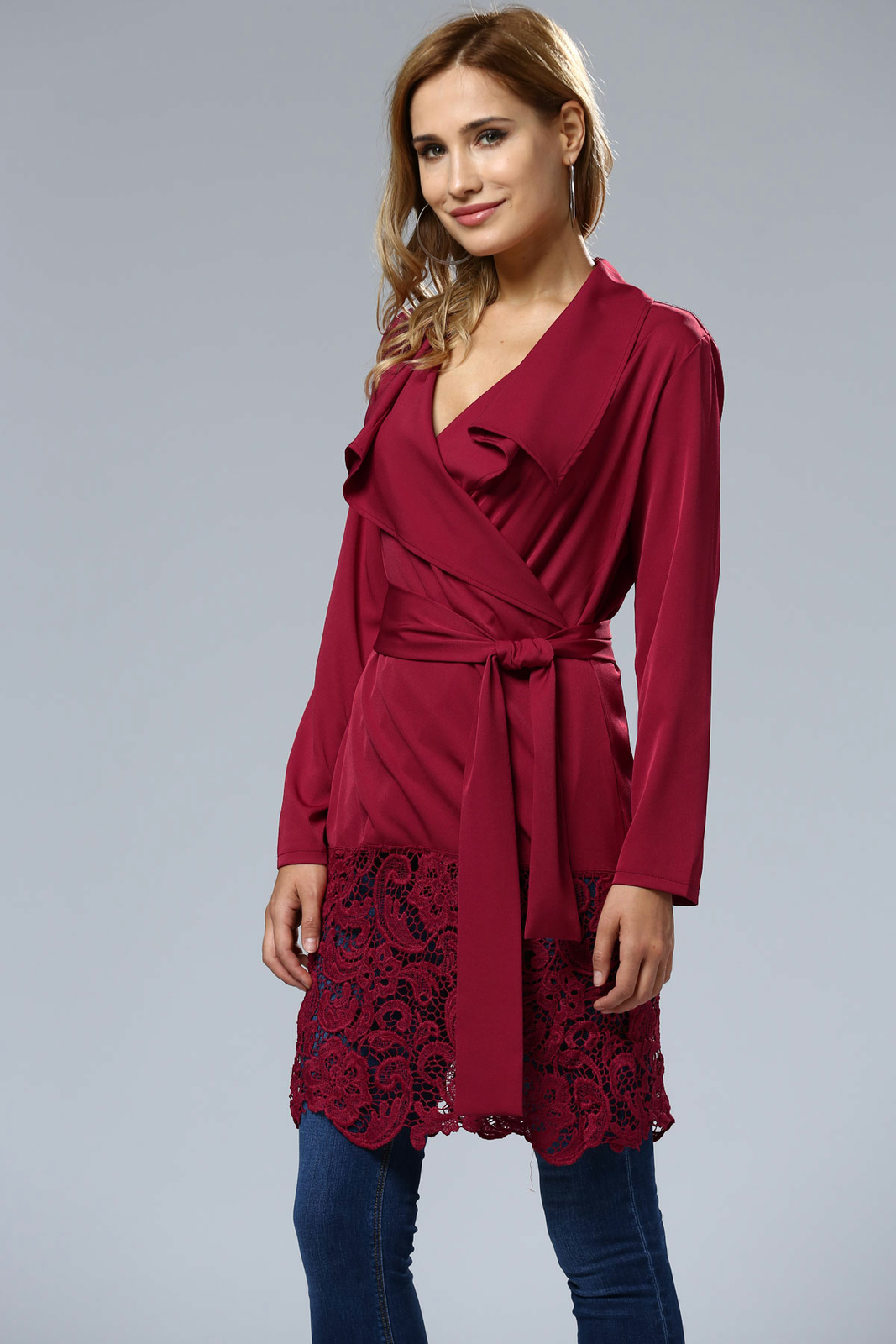 US Women’s Sexy Lace Stitching Loose Coat Belted Autumn Wind Coat Casual Tops