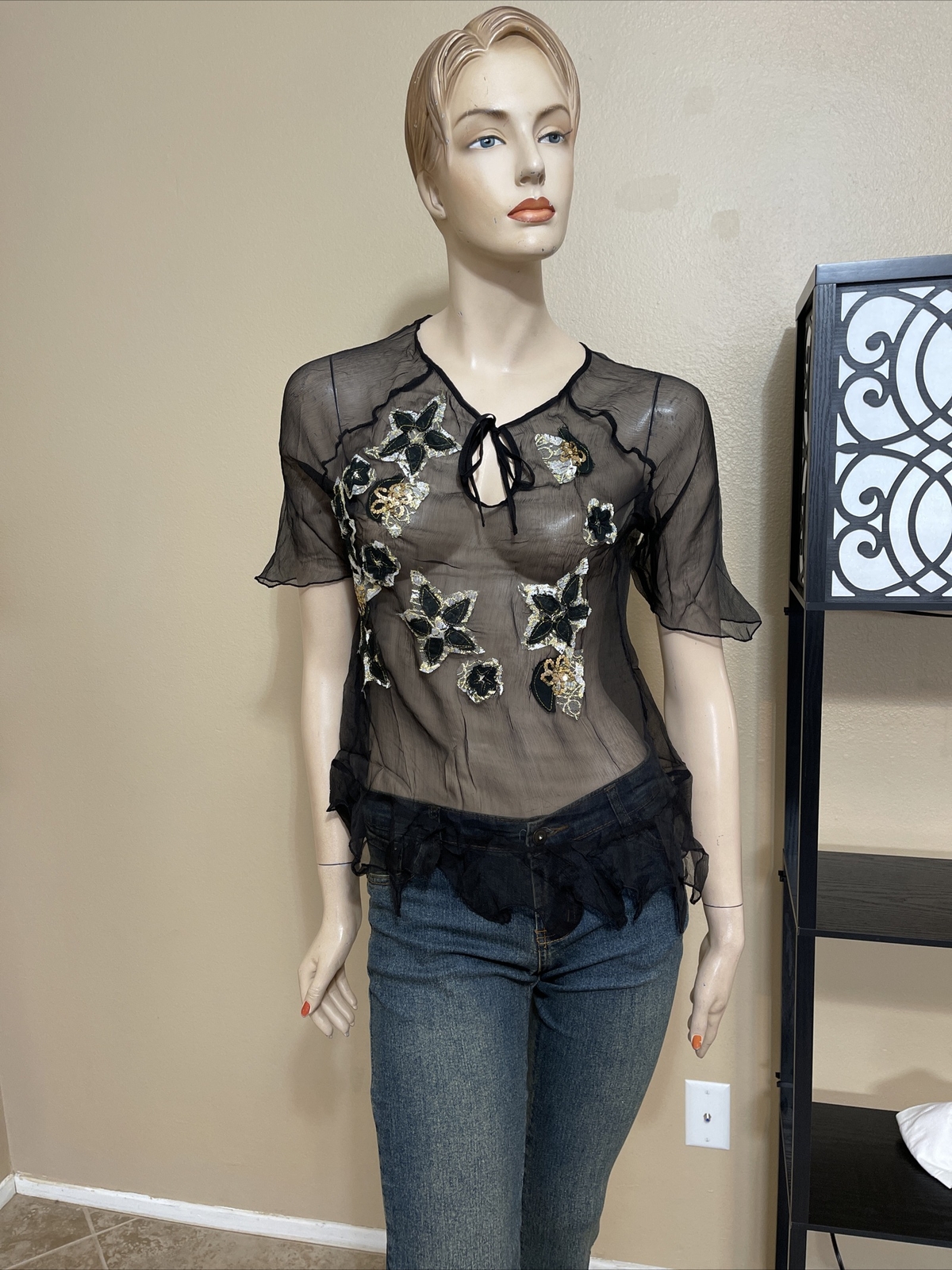 Women’s Black Silk Casual Summer Sheer Beaded Embroidered Lace Size L Blouse Top