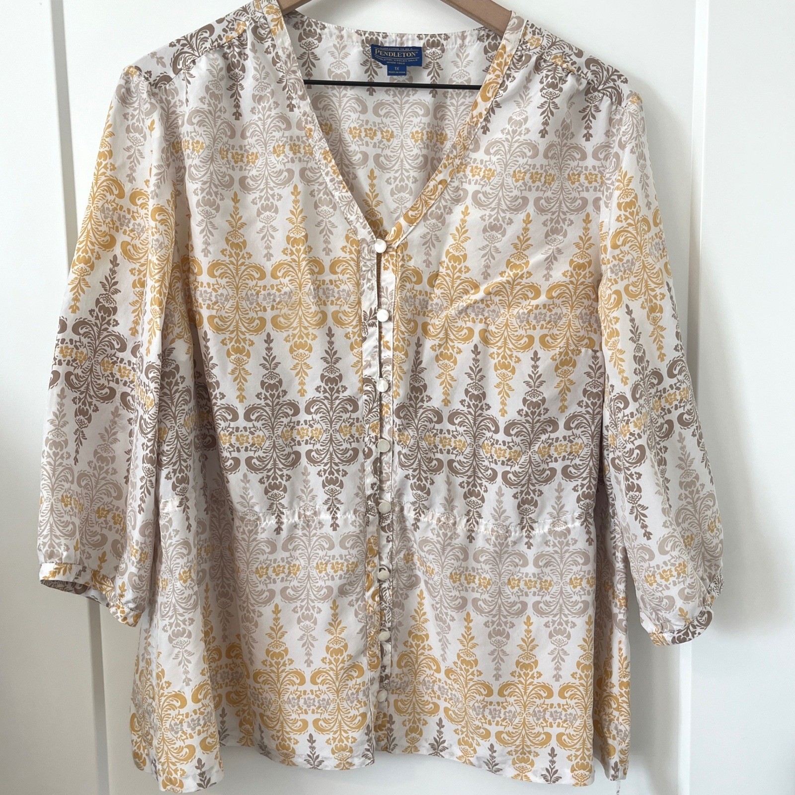 Pendleton 1X Silk Damask Button Front Blouse Yellow Tan 100% Silk 3/4 Sleeve