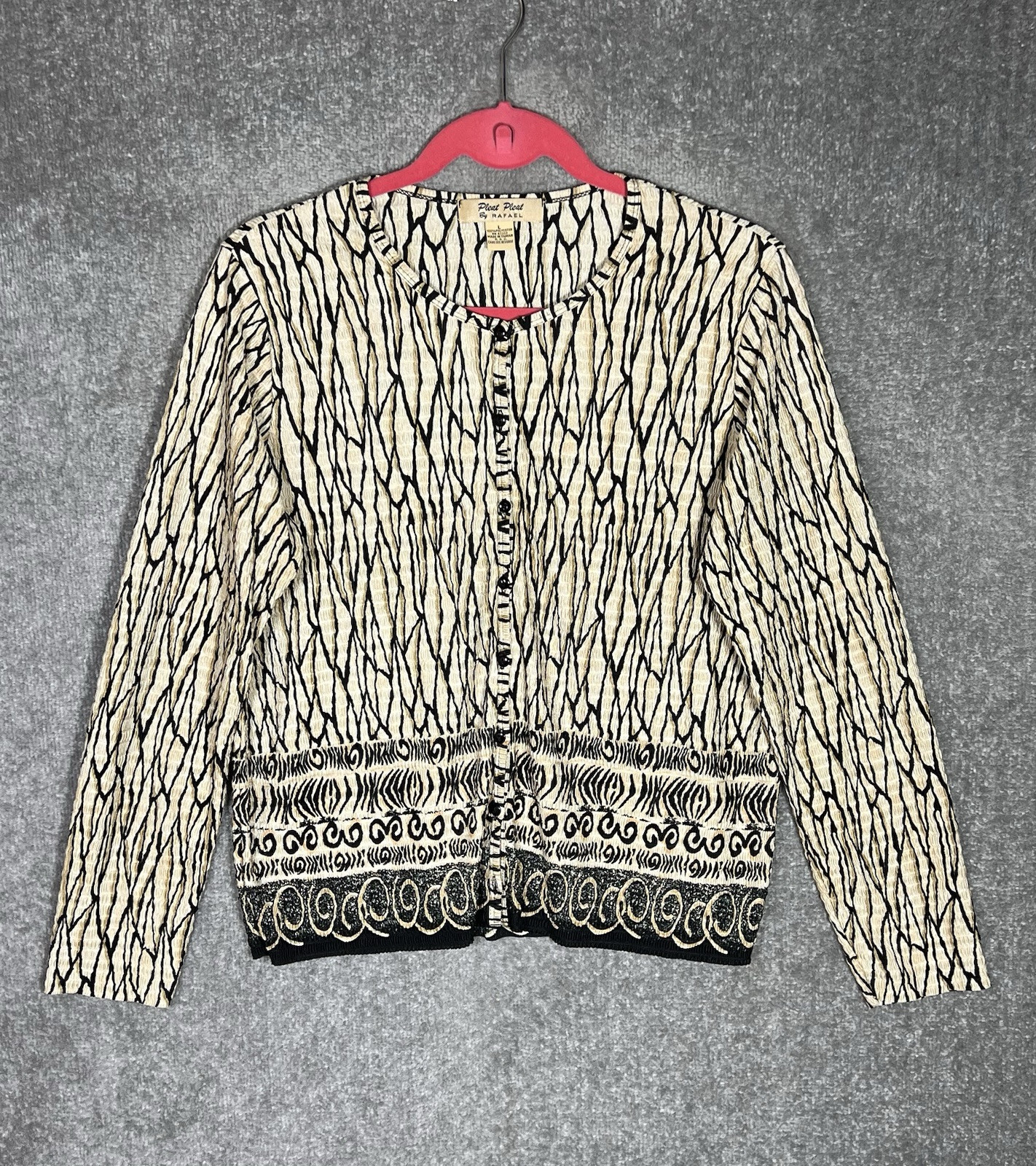Vintage Pleat Pleat Rafael Crinkle Texture Button Up Top Womens Sz LG Tan Black